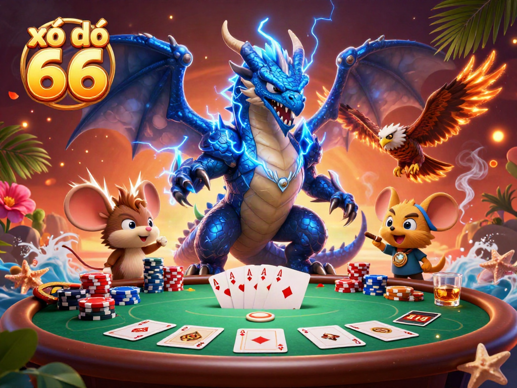 Experience the excitement of xổ số 66 with vibrant casino-themed characters and rich game elements