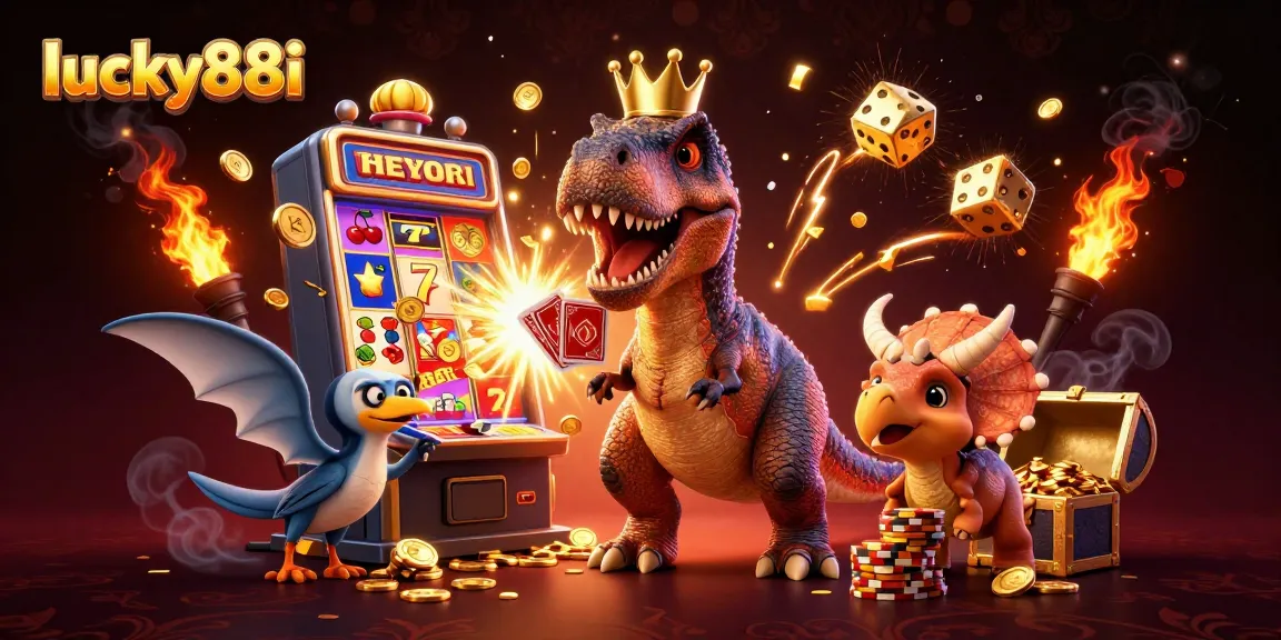 Experience thrilling gameplay at lucky88i with a friendly T-Rex shuffling cards and huge jackpots bursting in this vibrant casino scene.