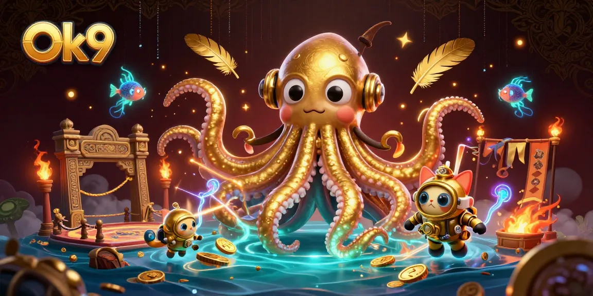 Experience the thrill of winning at Ok9 with a kraken and diving cat amid vibrant gambling elements.
