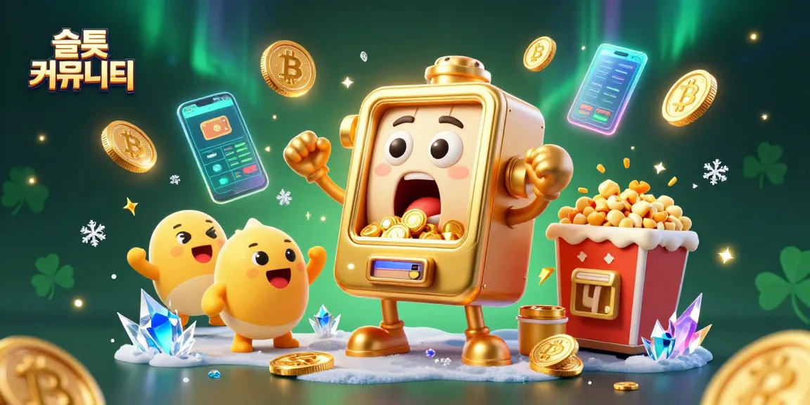 Engaging illustration depicting a lively 슬롯 커뮤니티 scene with golden slot machines celebrating wins amid vibrant crypto elements.