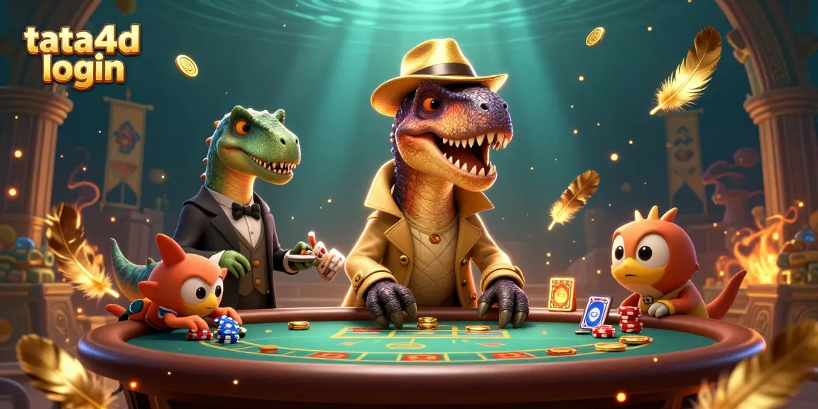 Play exciting games at tata4d login with a velociraptor card counter and action-packed casino scene.