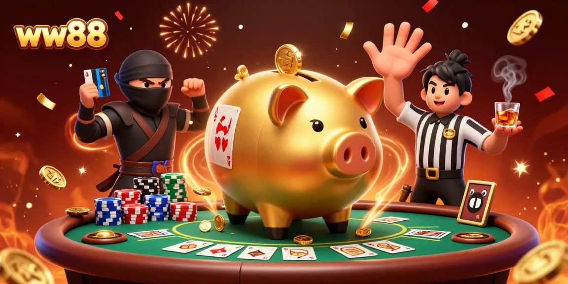 Experience the thrill of gaming at ww88, featuring a dynamic scene with a golden piggy bank sumo wrestler and a wallet-ninja.