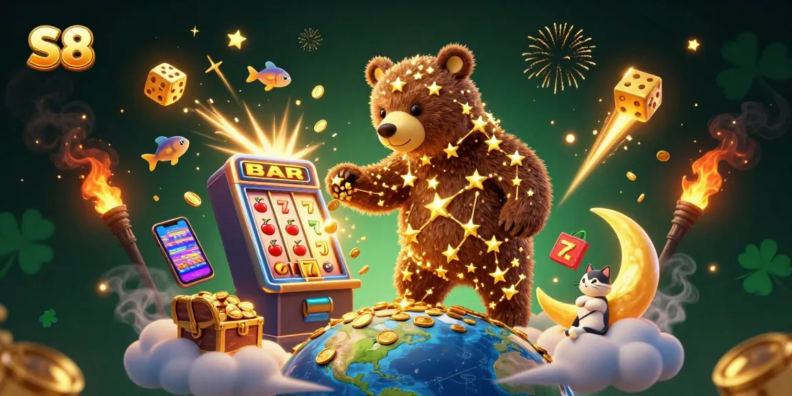 Experience the excitement of S8 with a vibrant casino-themed illustration featuring a constellation bear, slot machine, and dazzling graphics.
