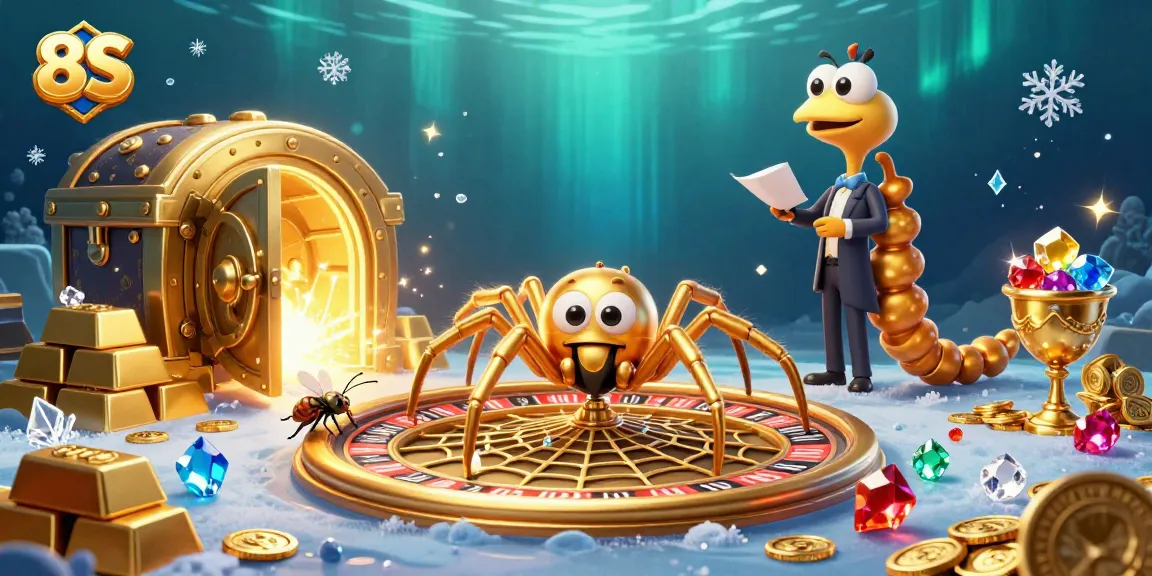 Experience thrilling bets at 8S with a golden spider, roulette wheel, and a croupier centipede.