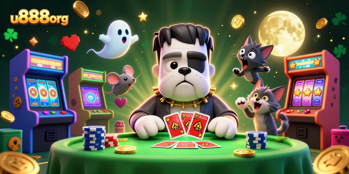 Experience thrilling gaming action with u888org as mischievous characters deal cards and spin slots.