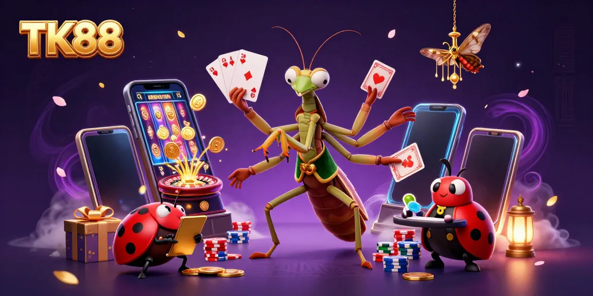 Engage in thrilling gameplay with TK88's captivating casino atmosphere featuring a giant mantis dealer and ladybug pit boss.