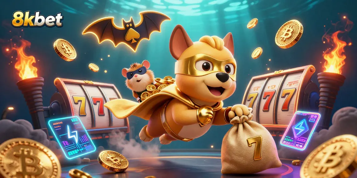 Experience 8kbet's thrilling gaming adventure with a superhero dog flying through a casino world.