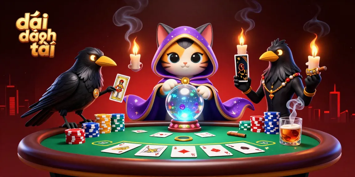 Engage with đại phát tài, featuring a mystic cat, glowing raven, and vibrant gambling elements!
