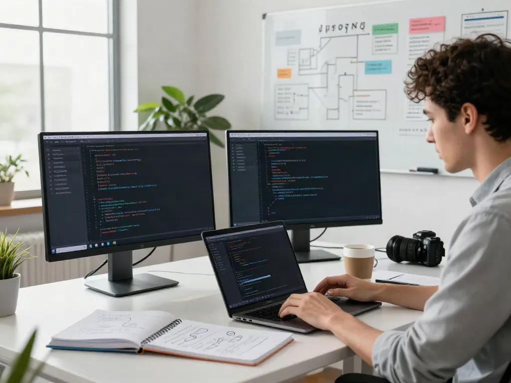 Web developer focused on instant indexing coding in modern office with dual monitors.