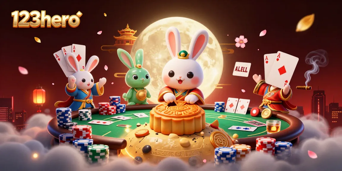 Experience thrilling gambling with 123hero's vibrant poker scene featuring colorful chips and moon-themed characters.