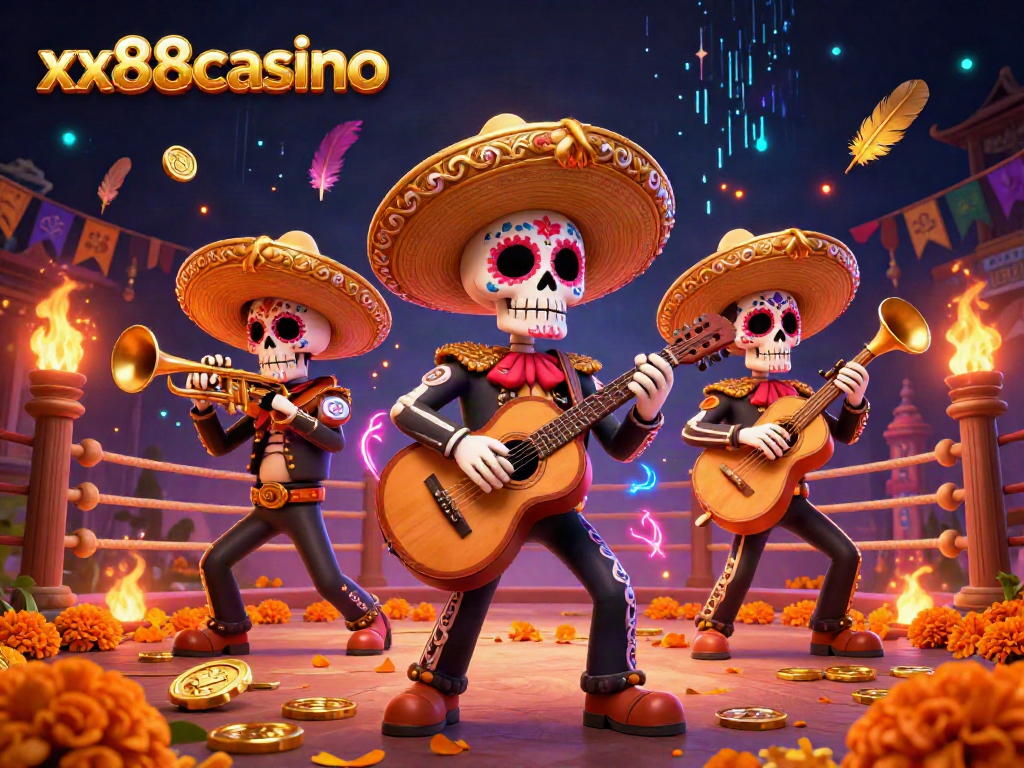 xx88casino showcases a vibrant 3D mariachi band surrounded by casino elements, igniting excitement.