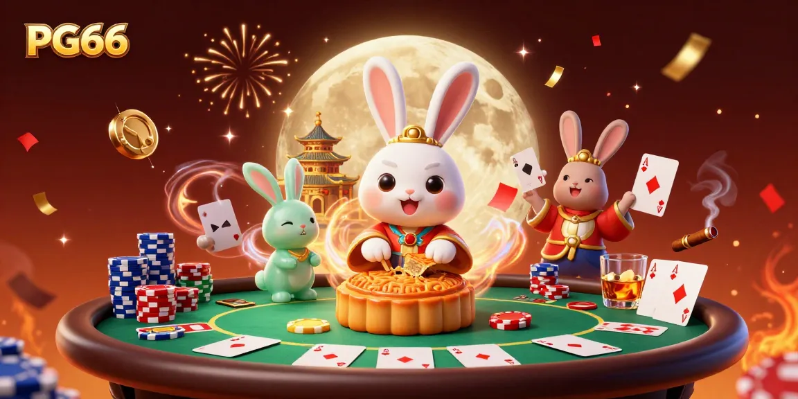 Enjoy poker action at PG66 with a whimsical moon rabbit and vibrant casino elements.