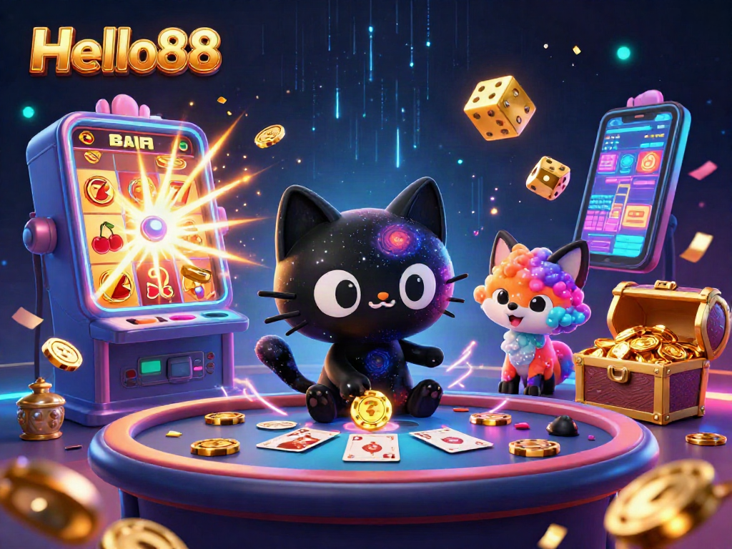 Spin the reels with Hello88's cosmic themes featuring a black hole cat and vibrant games.
