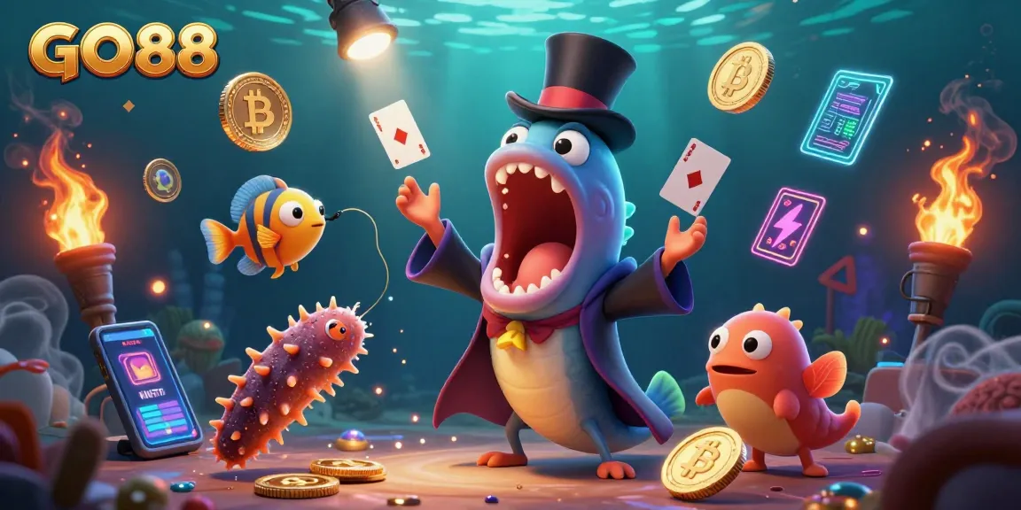 Experience GO88's thrilling casino magic with vibrant 3D deep-sea creatures performing card tricks and showcasing crypto-rich visuals.