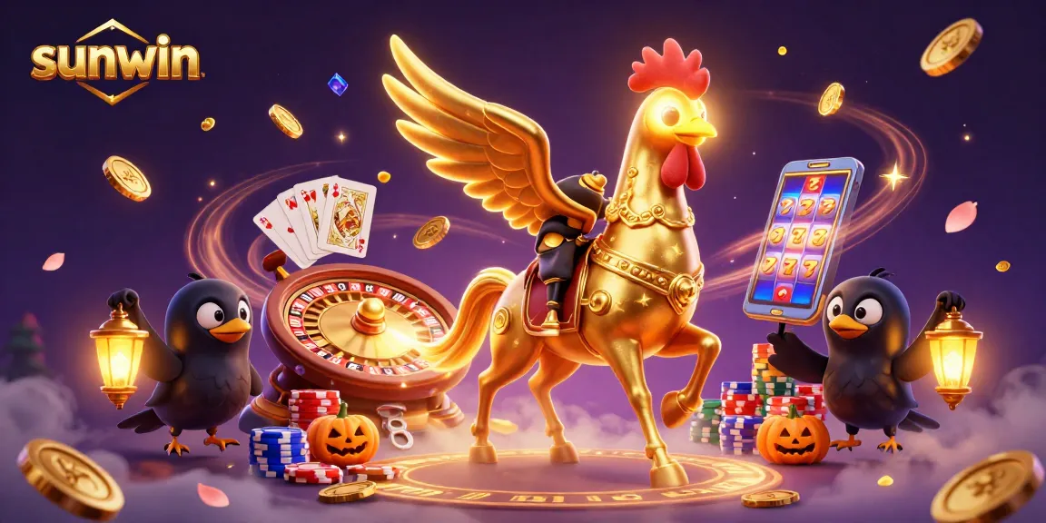 Experience thrilling casino adventures with sunwin's dynamic golden rooster character amidst festive lights and gold coins.