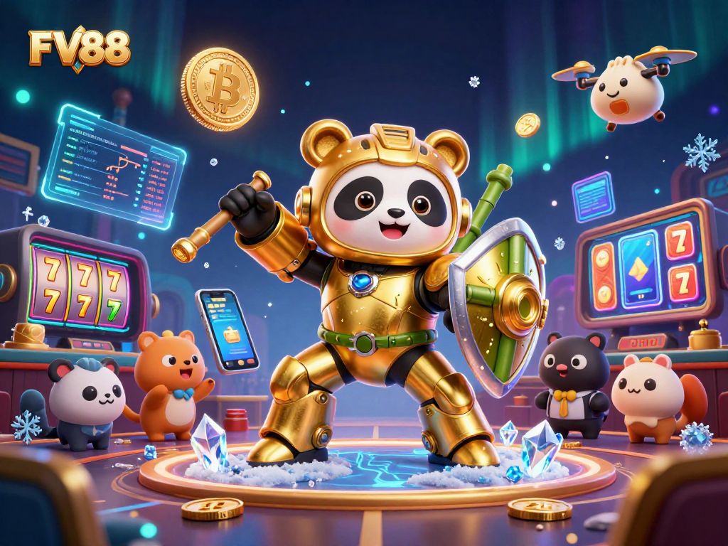 Experience the excitement of FV88 in a dynamic casino illustration featuring a mech-suit panda in action.