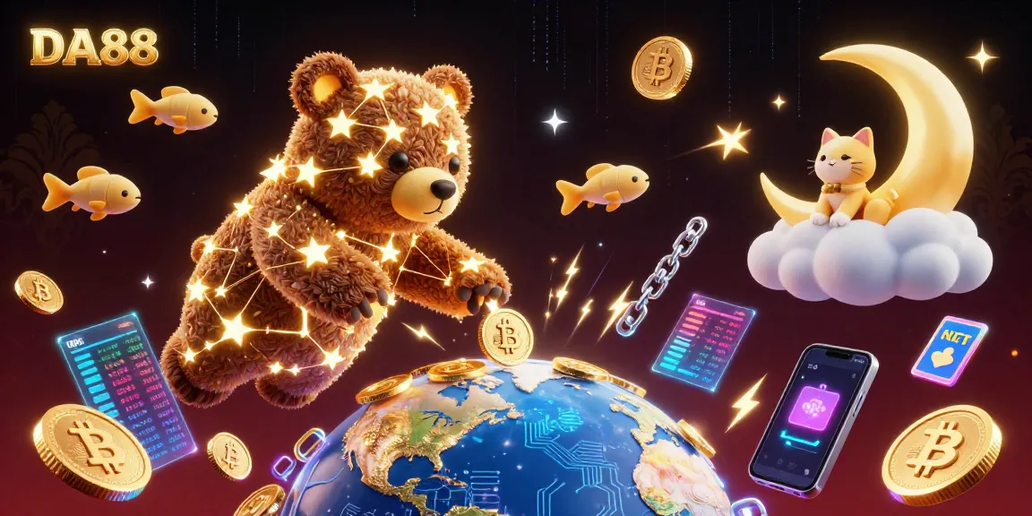 Experience DA88's vibrant casino world with a constellation bear and cryptocurrency elements.