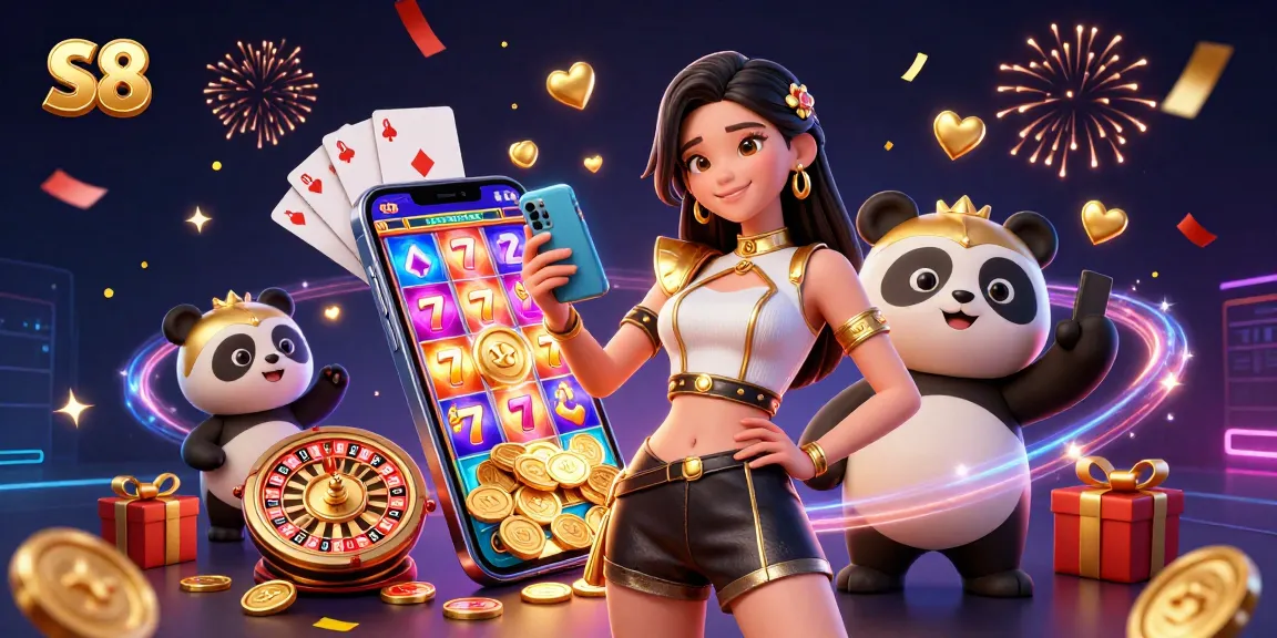 S8 Casino experience with a vibrant blend of slot games and excitement in 3D illustrated style.