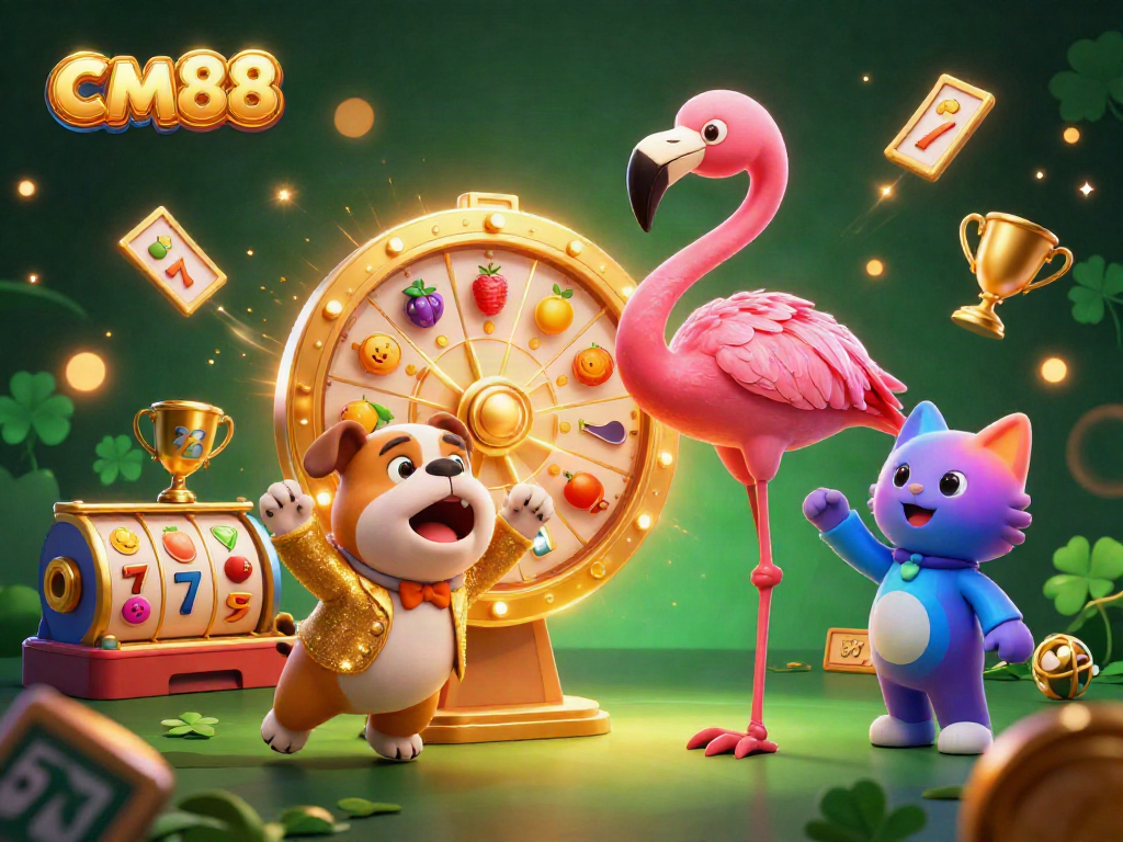 Spin the giant prize wheel at cm88, featuring a joyful bulldog and winning symbols in a vibrant casino scene.