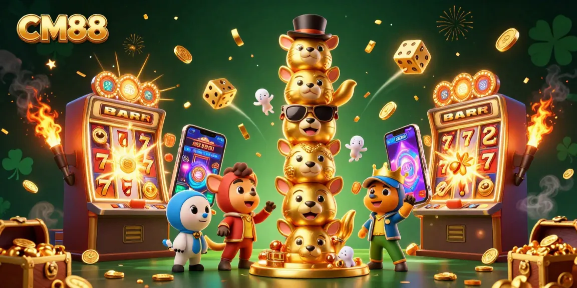 Experience the excitement of CM88 with vibrant casino elements as animated characters engage with slot machines and more.