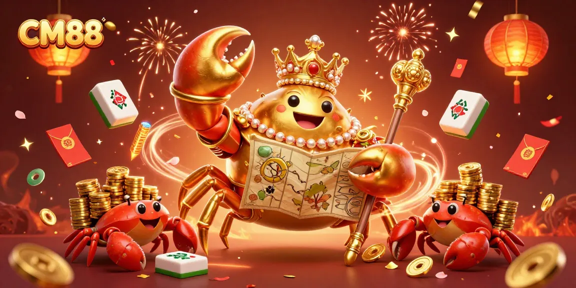 Experience vibrant casino excitement with CM88’s dynamic golden crab emperor illustration, surrounded by festive gaming elements.