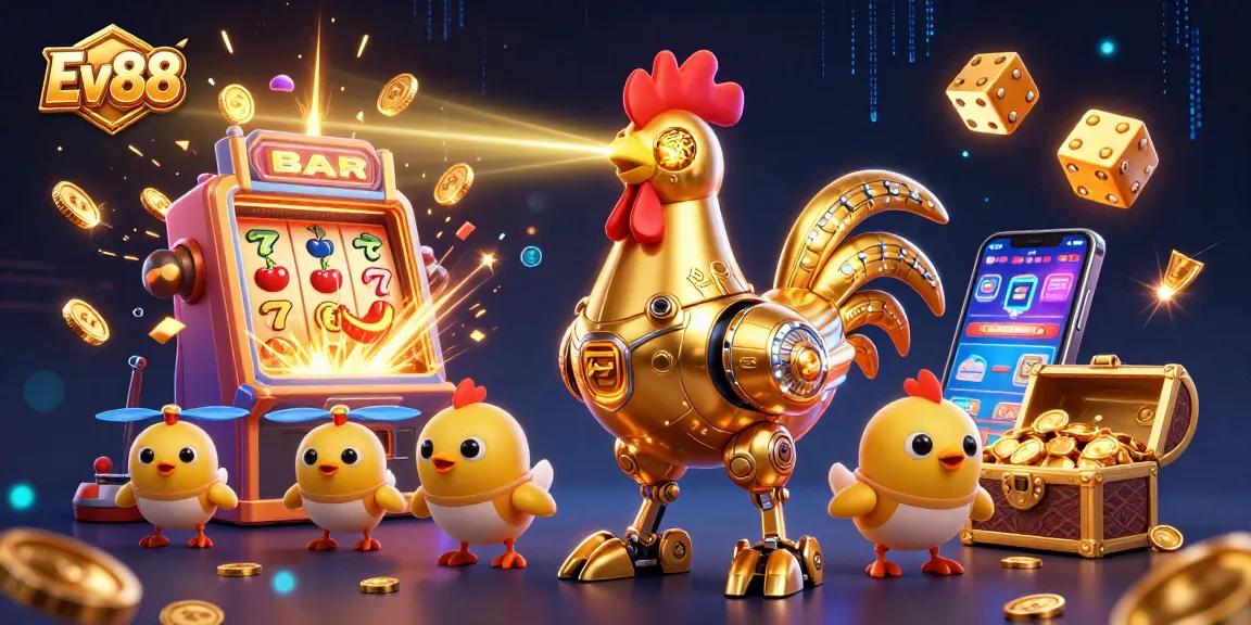 Engaging and dynamic Ev88 casino illustration showcasing a golden rooster robot and baby chick drones amidst a lively jackpot scene.