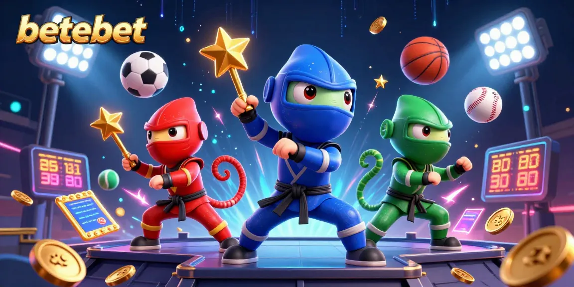 Engage with betebet's dynamic gaming action featuring colorful ninja chameleons and sports elements.