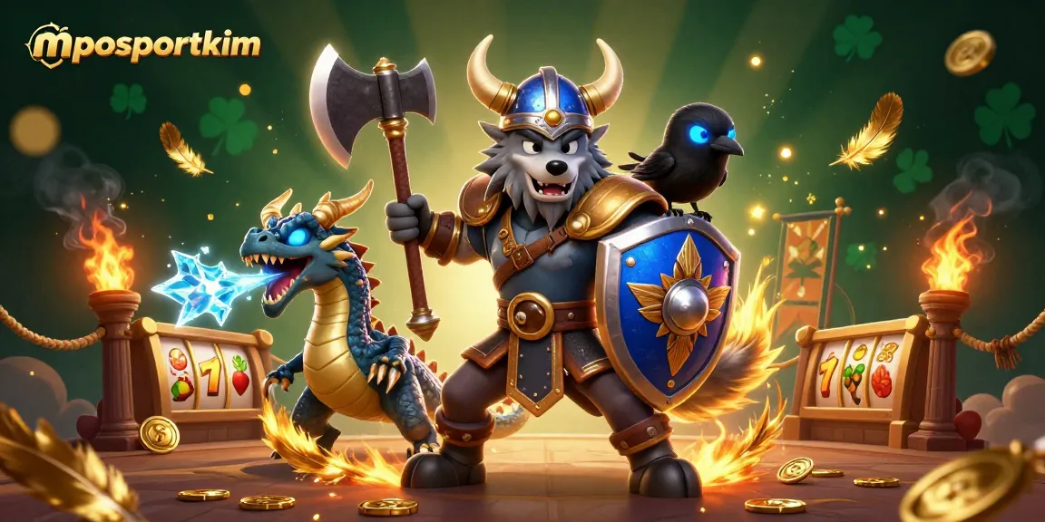 Engage with thrilling slot adventures at mposportkim with a Viking wolf warrior, dragon, and vibrant game elements.