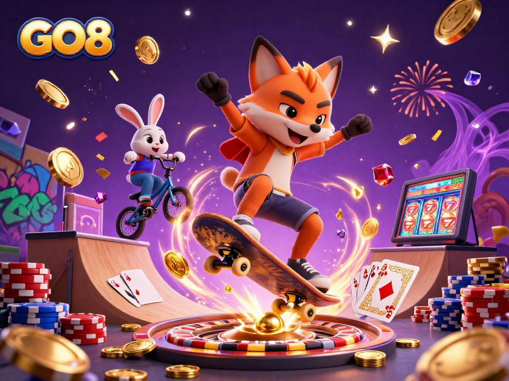 Unleash excitement and fun with GO8's vibrant casino-themed illustration featuring a skateboarder fox and BMX rabbit.