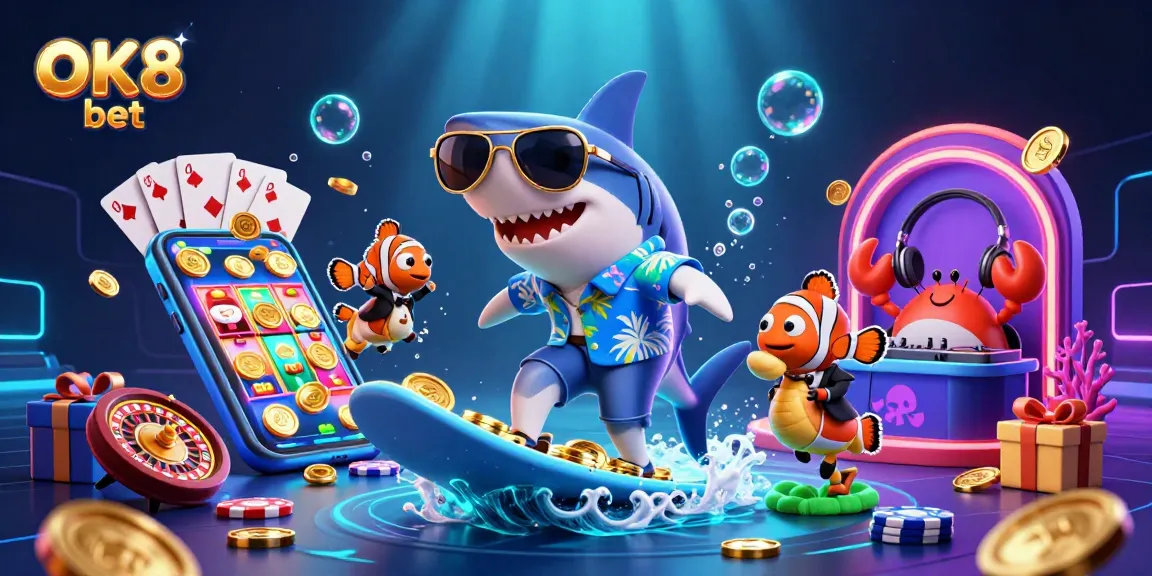Engage in thrilling games at OK8 bet with a vibrant underwater scene featuring a fun shark and colorful gaming elements.