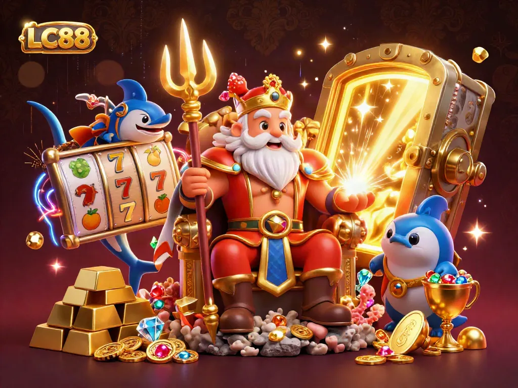 Experience the thrill with LC88 in a vibrant casino scene featuring Neptune, samurai, and dazzling treasures.