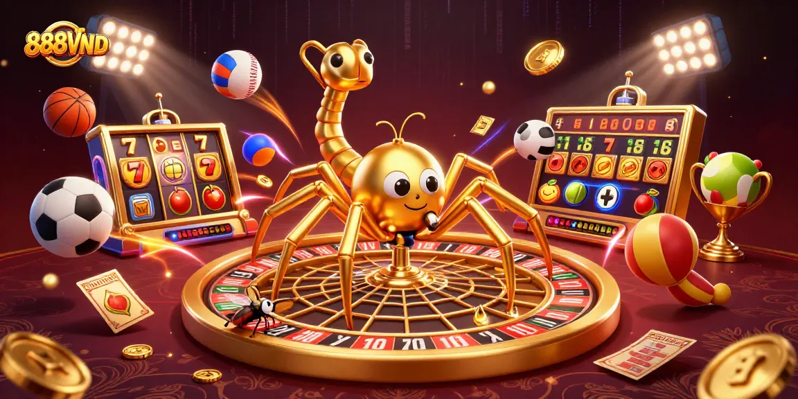 Bet on excitement with 888VND, featuring a golden spider and centipede croupier in an interactive casino scene.