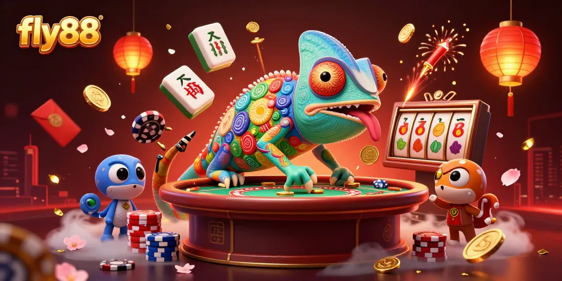 Engage with fly88's vibrant casino world, featuring a chameleon owner and dynamic gaming elements.