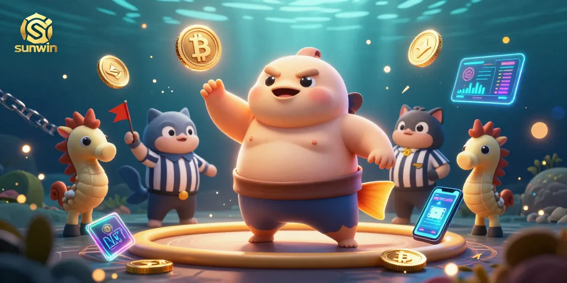 Engaging sunwin illustration showcases a vibrant underwater casino scene with crypto elements and 3D characters.