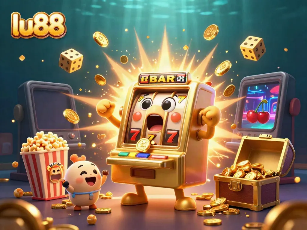 lu88 slot machine hits the jackpot, surrounded by coins and celebrating baby slot machines in a vibrant casino setting.