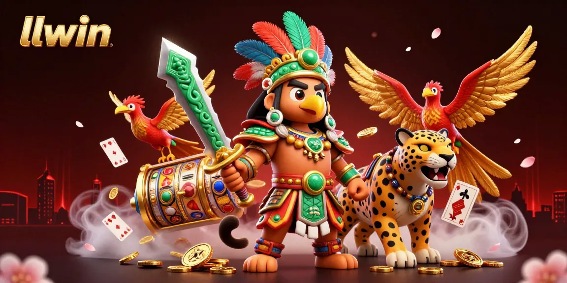 llwin showcases vibrant gaming action with Aztec warriors amidst slot reels and coins.