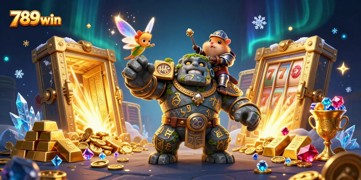 Experience the thrill of 789win as a magical scene unfolds with characters amidst treasures and slot reels.