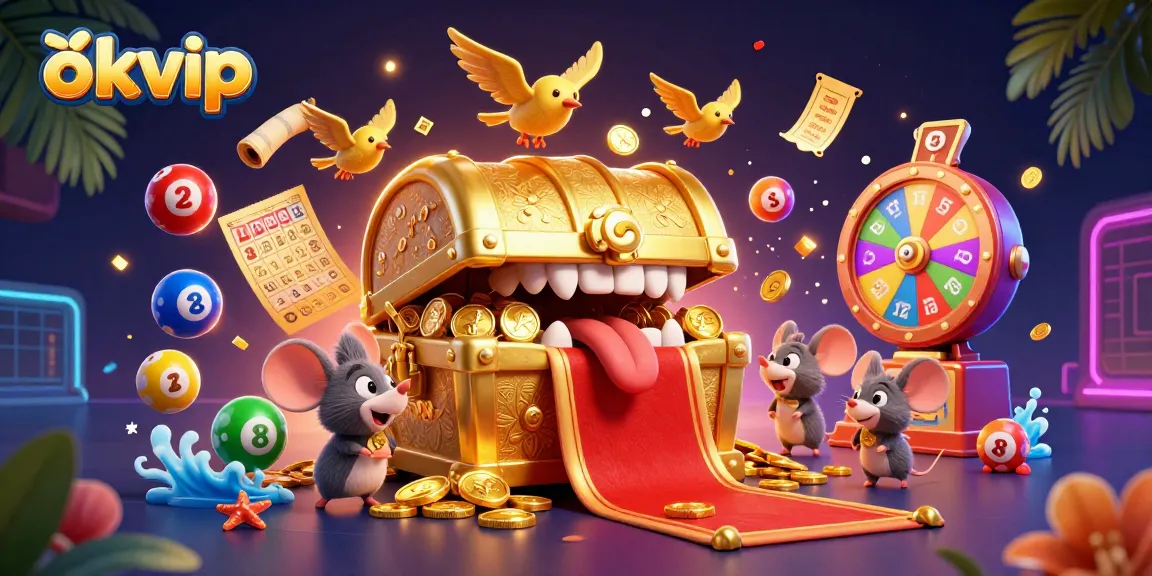 Experience the thrill of okvip with vibrant lottery elements and an adventurous treasure chest.