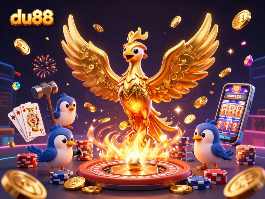 Play at du88 and witness a golden phoenix forge coins from liquid gold amidst casino excitement.