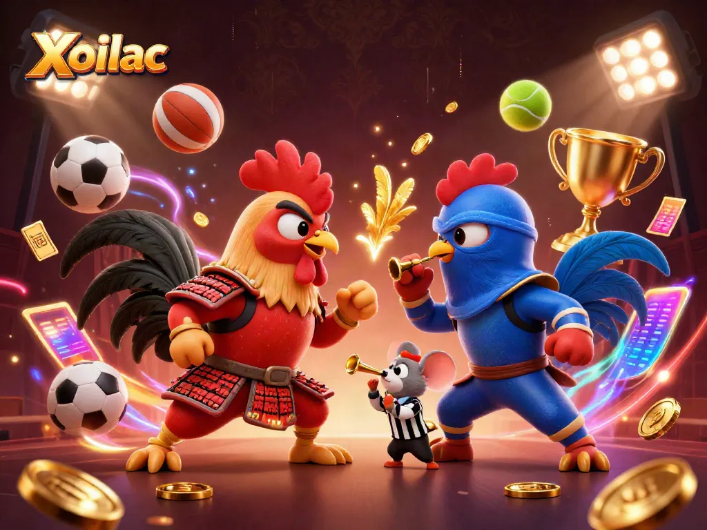 Xoilac showcases an intense showdown with fighting roosters in samurai and ninja styles amidst dynamic sports elements.