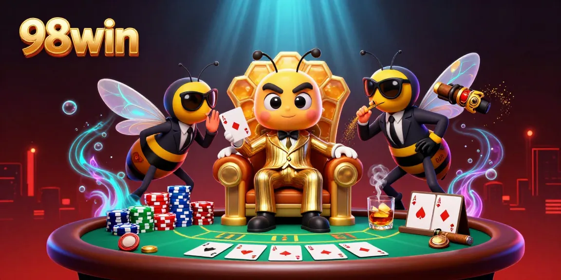 Experience high-stakes poker action with 98win's vibrant casino scene featuring a bumblebee mob boss and wasp bodyguards.