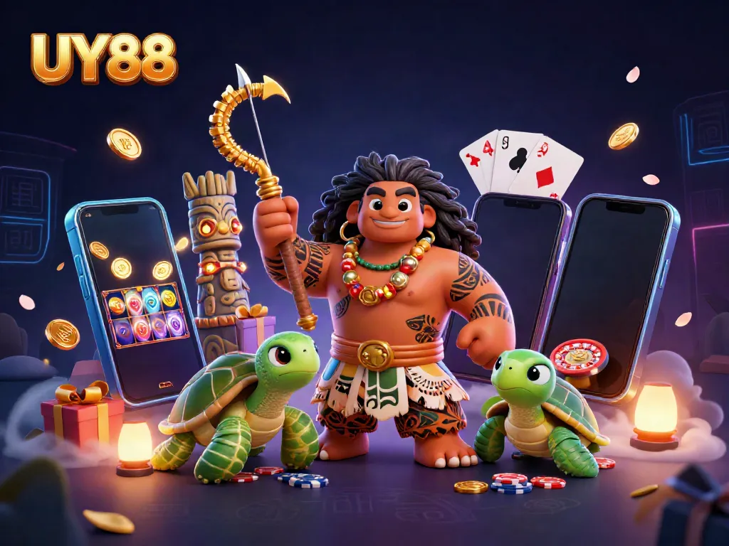 Experience UY88 with a vibrant 3D illustration showcasing gaming elements and characters in action.