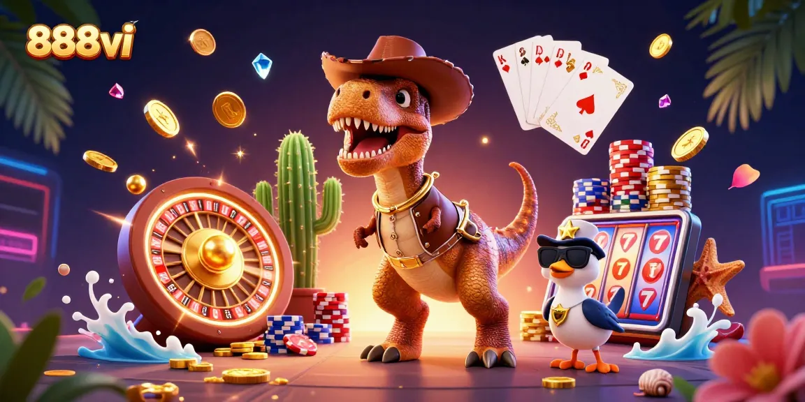 Experience thrilling wins at 888vi with lively casino characters and games in a vibrant illustration.