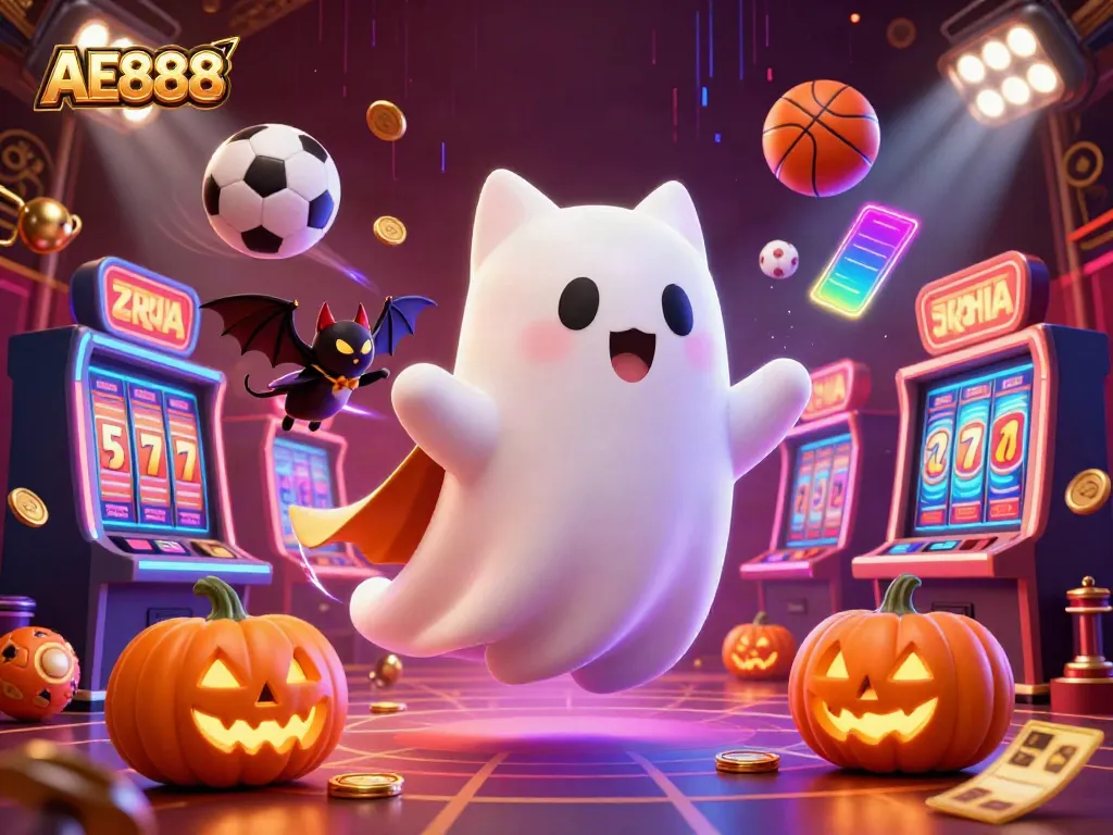 Experience the AE888 Casino vibe with a ghost cat and vampire bat in a haunted, dynamic gaming scene.