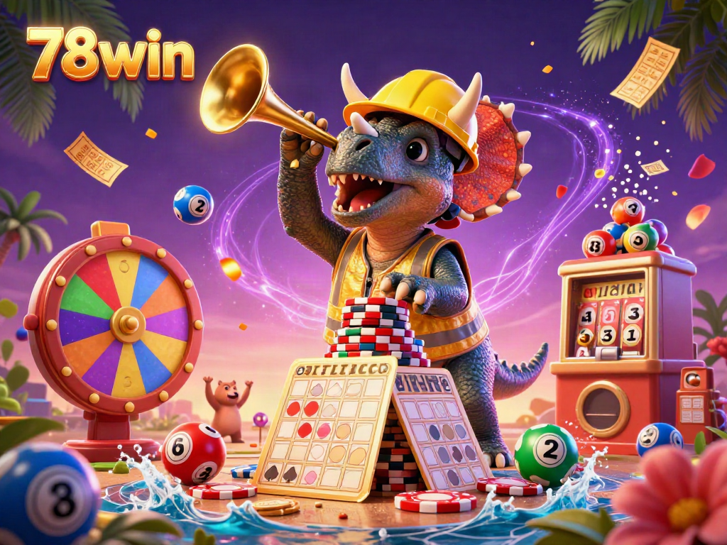 Engage in thrilling actions with 78win, where cartoon dinosaurs celebrate gambling victory amidst vibrant casino elements.