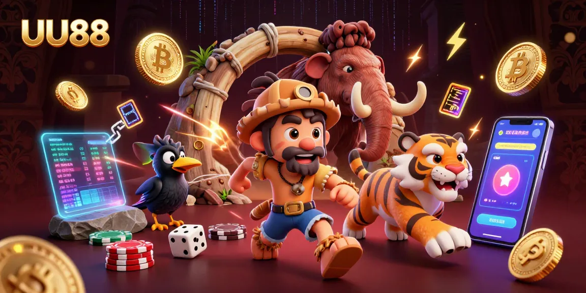 UU88 players enjoying a vibrant prehistoric casino filled with crypto elements and engaging game visuals.