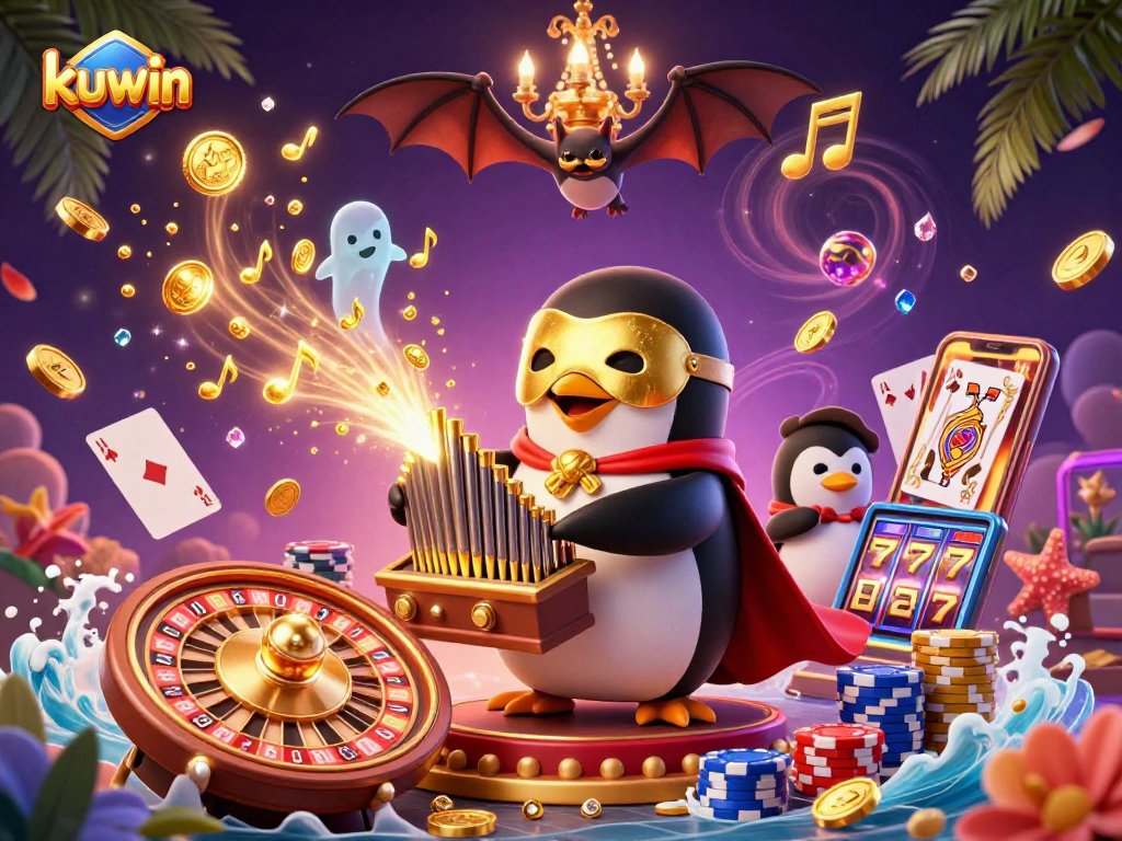 Kuwin players enjoying a vibrant 3D casino scene with golden coins and roulette wheel action