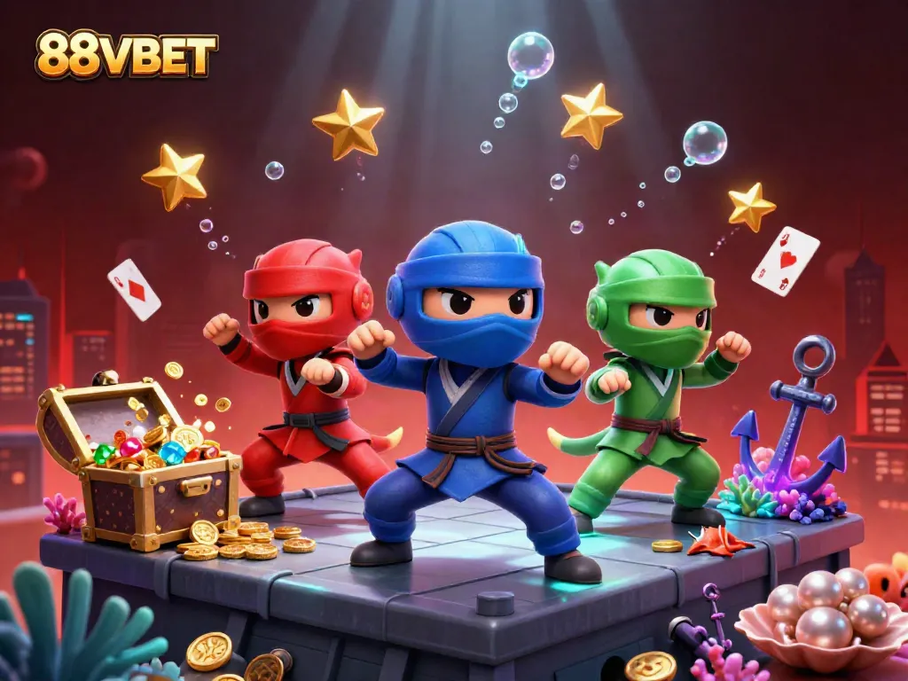 Experience the thrill of 88VBET as ninja chameleons engage in martial arts amid treasures in an action-packed digital illustration.
