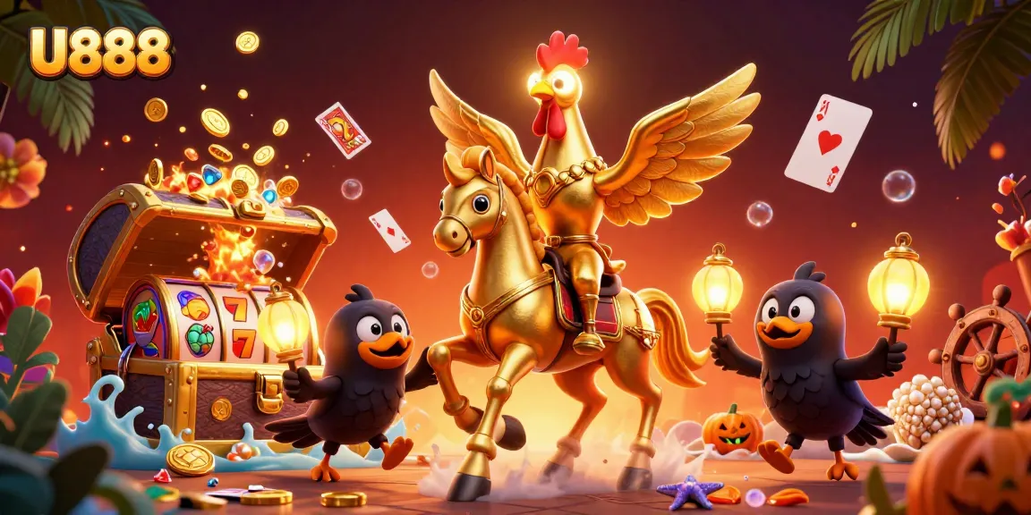 U888 delivers thrilling casino adventures with a luminous 3D rooster, dynamic slot reels, and vibrant gaming elements.