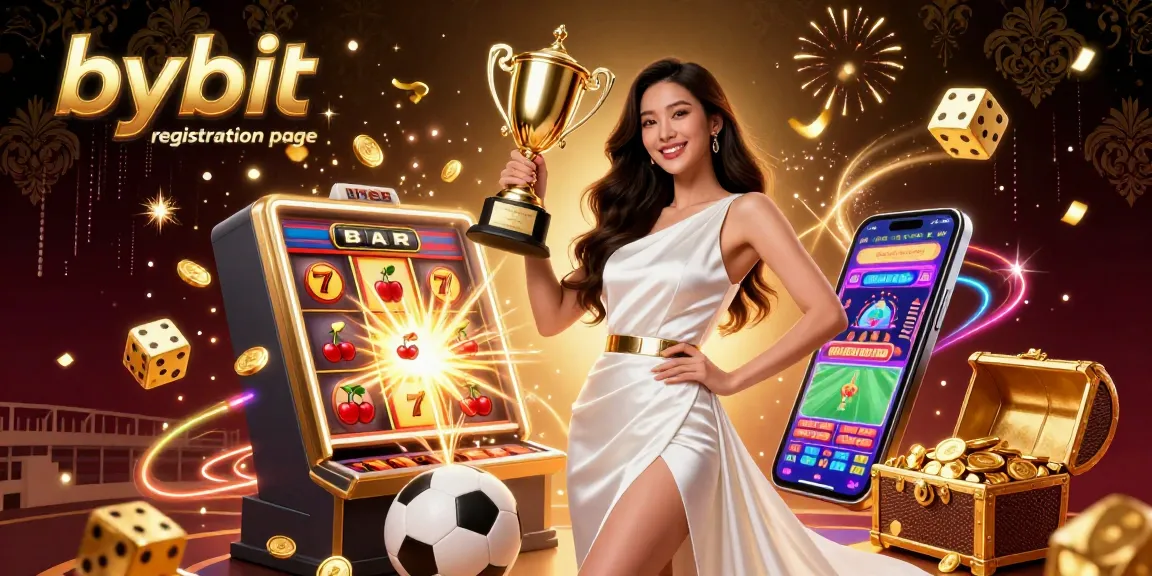 Experience the excitement of the bybit registration page with a stunning sports betting illustration showcasing trophies and casino elements.